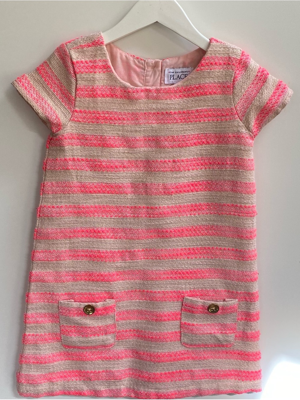 The Children’s Place Pink/Tan Striped With Metallic thread short Sleeve Dress 5T